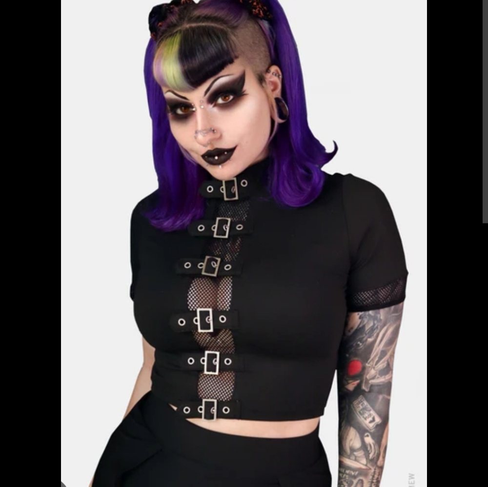 Black Gothic Buckle Mesh Crop Top